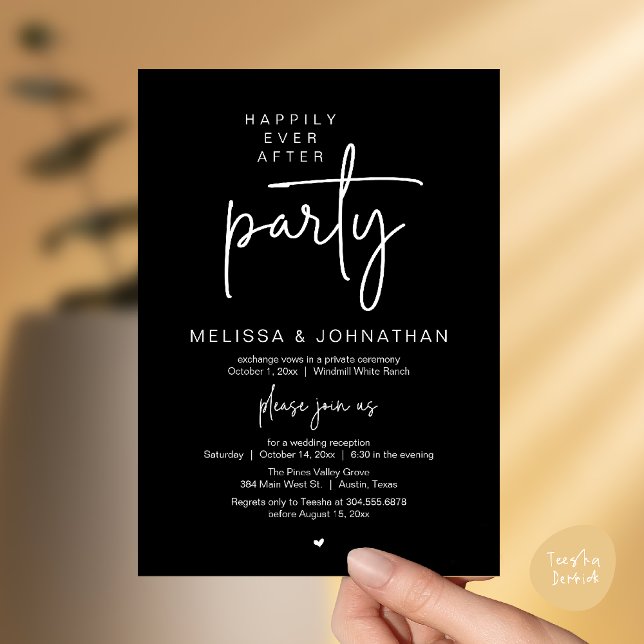 Happily Ever After Party, Modern Wedding Reception Inbjudningar (Happily Ever After Party, Modern Wedding Reception Dinner Invitation Card in Black and White)