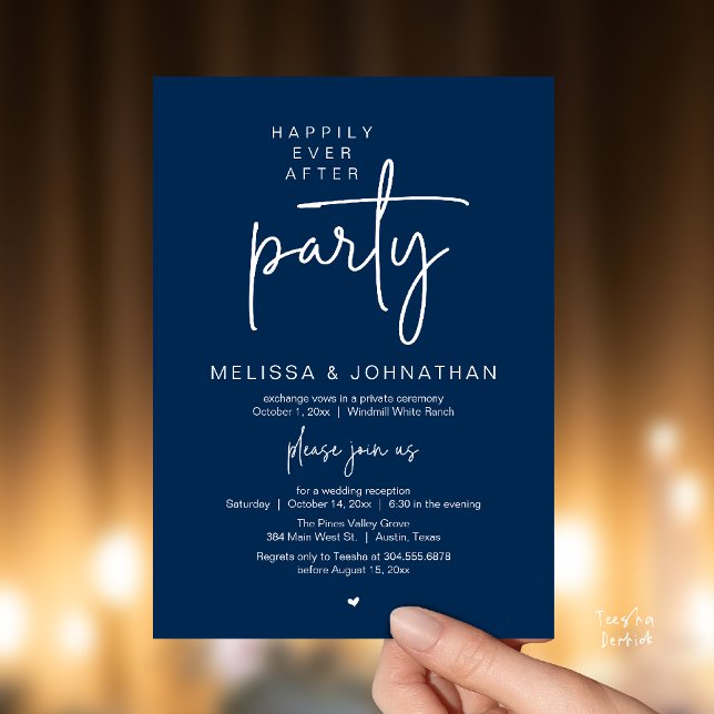 Happily Ever After Party, Modern Wedding Reception Inbjudningar (Happily Ever After Party, Modern Wedding Reception Dinner Invitation Card in Navy Blue)