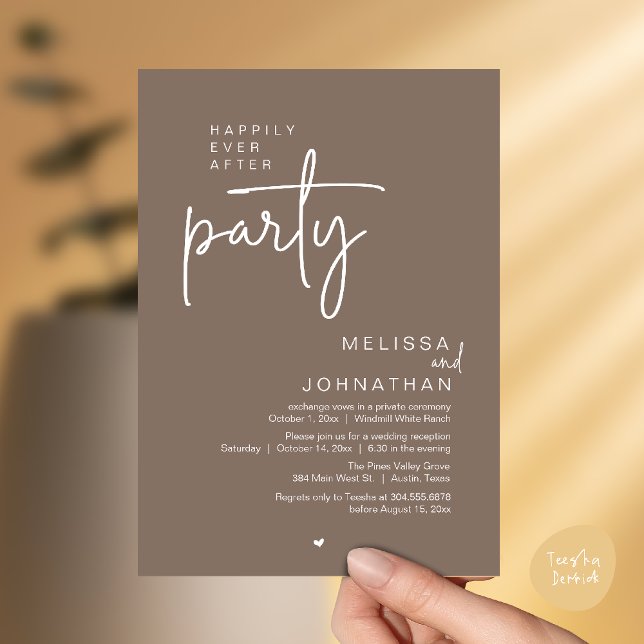 Happily Ever After Party, Modern Wedding Reception Inbjudningar (Happily Ever After Party, Modern Wedding Reception Invitation Card in Taupe earthy brown)