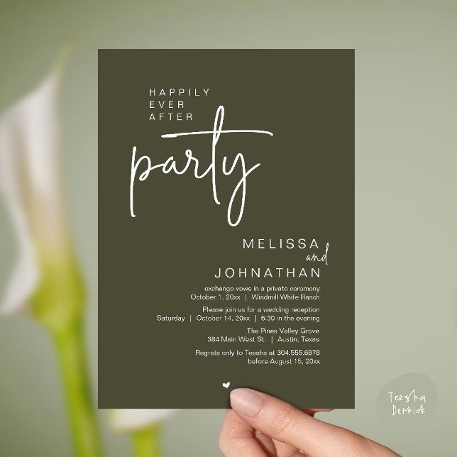 Happily Ever After Party, Modern Wedding Reception Inbjudningar (Happily Ever After Party, Modern Wedding Reception Invitation Card in olive green)