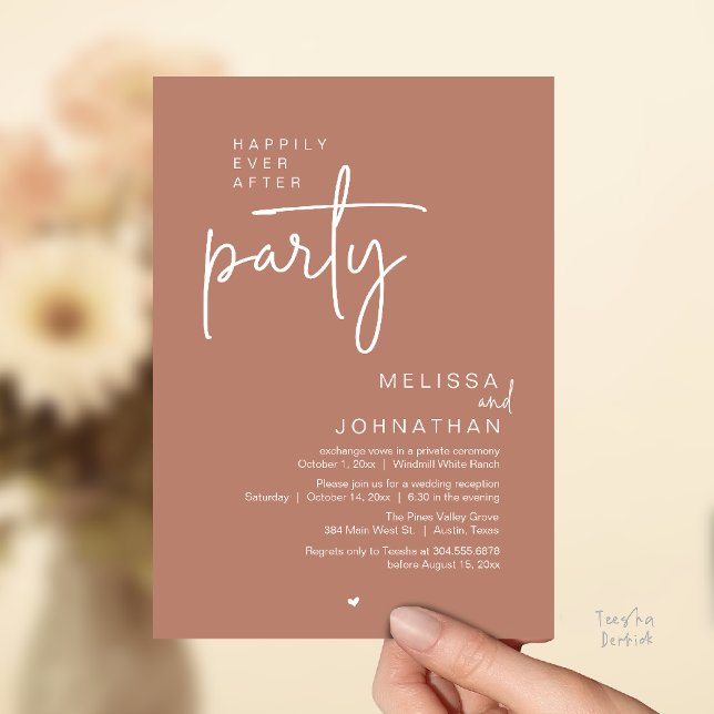 Happily Ever After Party, Modern Wedding Reception Inbjudningar (Happily Ever After Party, Modern Wedding Reception Invitation Card in terracotta earthy brown)