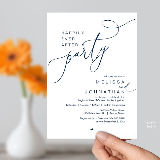 Happily Ever After Party, Romantic Wedding Dinner Inbjudningar (Happily Ever After Party, Romantic Wedding Reception Dinner Invitation Card in Navy Blue)
