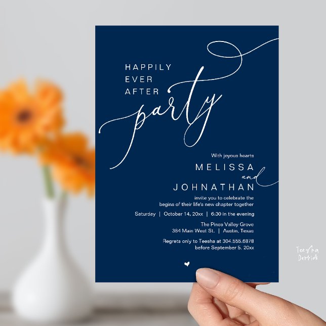 Happily Ever After Party, Romantic Wedding Dinner Inbjudningar (Happily Ever After Party, Romantic Wedding Reception Dinner Invitation Card in Navy Blue)