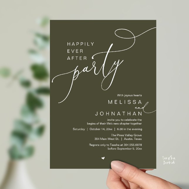 Happily Ever After Party, Romantic Wedding Dinner Inbjudningar (Happily Ever After Party, Romantic Wedding Reception Dinner Invitation Card in Olive Green)