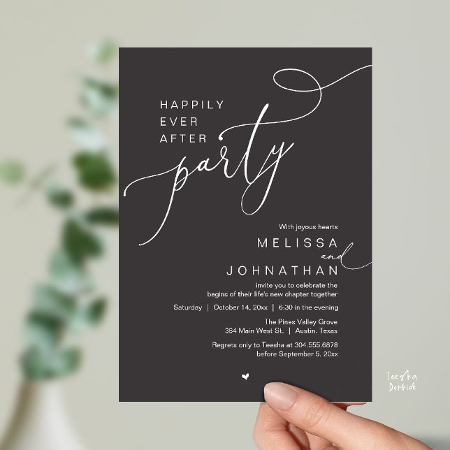 Happily Ever After Party, Romantic Wedding Dinner Inbjudningar (Happily Ever After Party, Romantic Wedding Reception Dinner Invitation Card in Charcoal Grey)