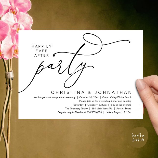 Happily Ever After Party, Romantic Wedding Dinner Inbjudningar (Happily Ever After Party, Romantic Modern Elopement Dinner Dancing Invites Card PDF Black White)