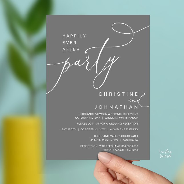 Happily Ever After Party Romantic Weds Reception Inbjudningar (Happily Ever After Party Romantic Weds Reception Invitation Card in Dark Grey)