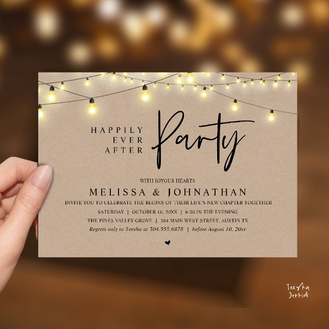 Happily Ever After Party, Rustic String Lights Inbjudningar (Happily Ever After Party, Rustic Wedding String Lights Invitation card, Reception Brown Kraft )