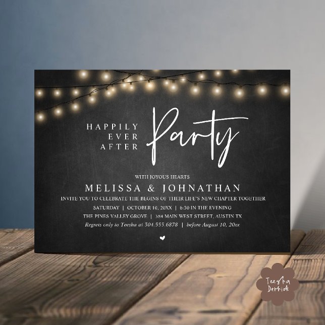Happily Ever After Party, Rustic String Lights Inbjudningar (Happily Ever After Party, Rustic Wedding String Lights Invitation card, Reception chalkboard)