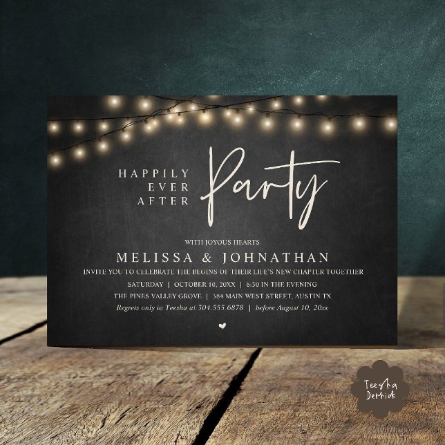 Happily Ever After Party, Rustic String Lights Inbjudningar (Happily Ever After Party, Rustic Wedding String Lights Invitation card, Reception chalkboard)