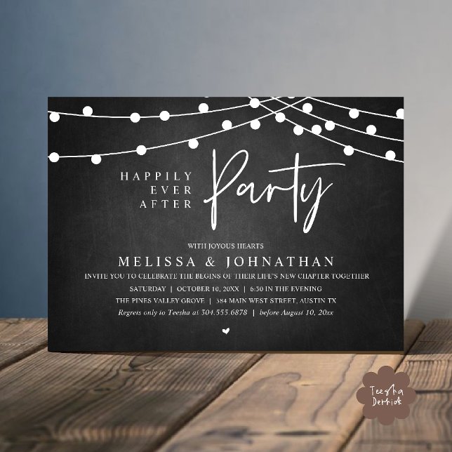 Happily Ever After Party, Rustic String Lights Inbjudningar (Happily Ever After Party, Rustic Wedding String Lights Invitation card, Reception chalkboard)