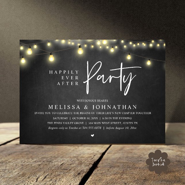 Happily Ever After Party, Rustic String Lights Inbjudningar (Happily Ever After Party, Rustic Wedding String Lights Invitation card, Reception chalkboard)