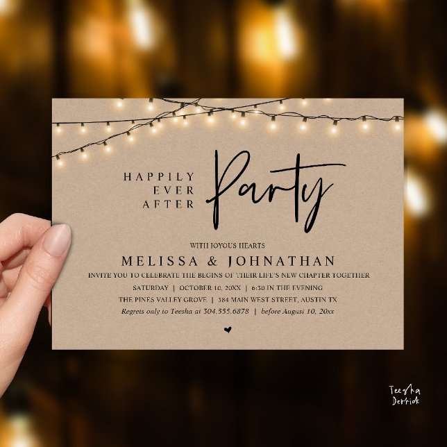 Happily Ever After Party, Rustic String Lights Inbjudningar (Happily Ever After Party, Rustic Wedding String Lights Invitation card, Reception Brown Kraft )