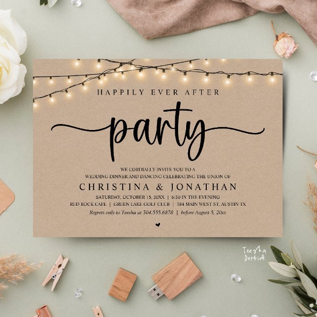 Happily Ever After Party, Rustic Wedding Dinner Inbjudningar (Happily Ever After Party, Rustic Wedding Dinner Invitation Card,  cottage string lights, brown kraft)