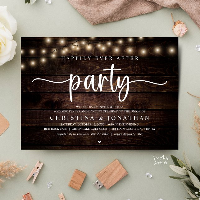 Happily Ever After Party, Rustic Wedding Dinner Inbjudningar (Happily Ever After Party, Rustic Wedding Dinner Invitation Card,  cottage string lights, brown wood)