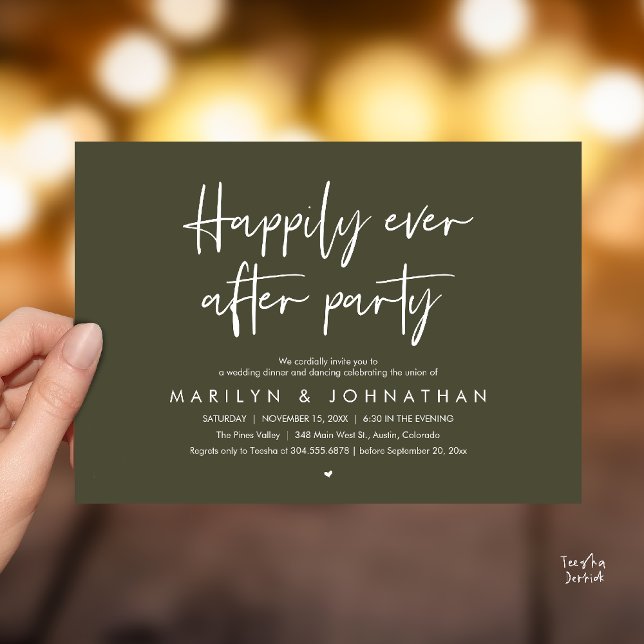 Happily Ever After Party, Wedding Dinner Dancing Inbjudningar (Happily Ever After Party, Wedding Dinner Dancing Invitation Card in Olive Green)
