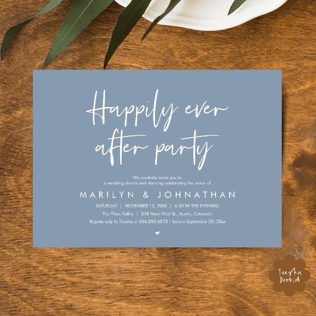 Happily Ever After Party, Wedding Dinner Dancing Inbjudningar (Happily Ever After Party, Wedding Dinner Dancing Invitation Card in Dusty Blue)