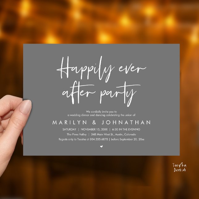 Happily Ever After Party, Wedding Dinner Dancing Inbjudningar (Happily Ever After Party, Wedding Dinner Dancing Invitation Card in Dark Grey)