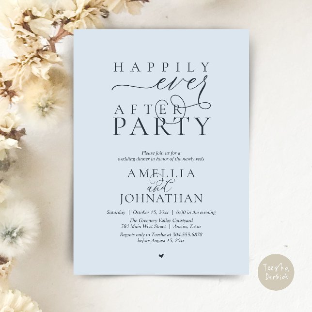 Happily Ever After Party Wedding Elopement Dinner Inbjudningar (Happily Ever After Party Wedding Elopement Dinner Invitation Card in Misty Blue)