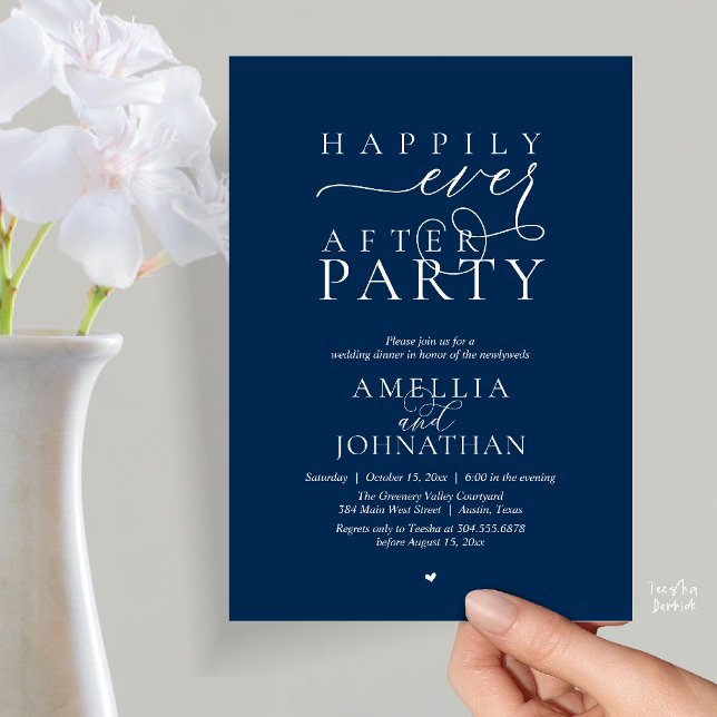 Happily Ever After Party Wedding Elopement Dinner Inbjudningar (Happily Ever After Party Wedding Elopement Dinner Invitation Card in Navy Blue)
