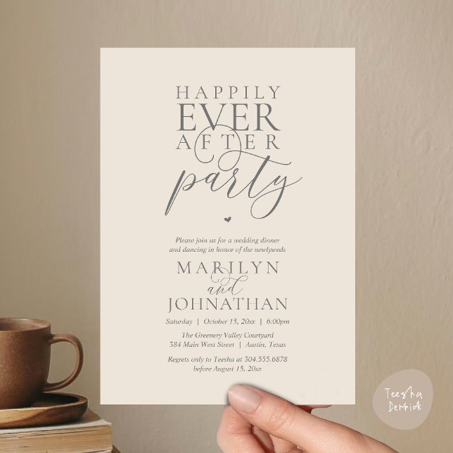Happily Ever After Party Wedding Elopement Dinner Inbjudningar (Happily Ever After Party Wedding Elopement Dinner Dancing Invitation Card in Cream Grey)