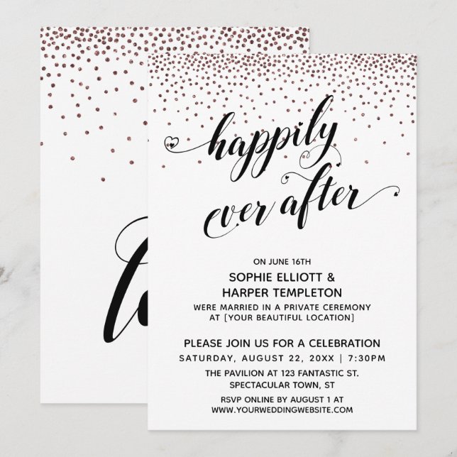 Happily Ever Ever Hearts Script Rose Gold Konfetti Inbjudningar (Fram/baksida)
