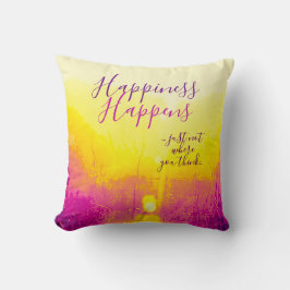 "Happiness Happens" Gult, Magenta Motif Kudde