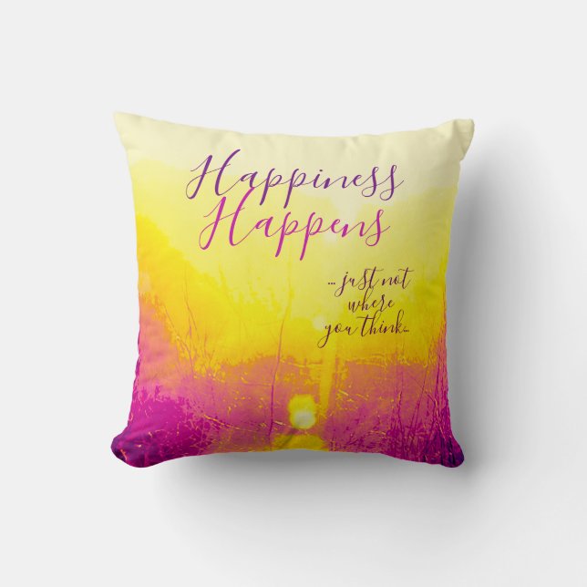 "Happiness Happens" Gult, Magenta Motif Kudde (Framsida)