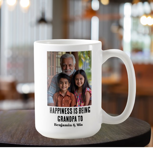 Happiness is Being Grandpa to Name Family Photo  Kaffemugg (Skapare uppladdad)