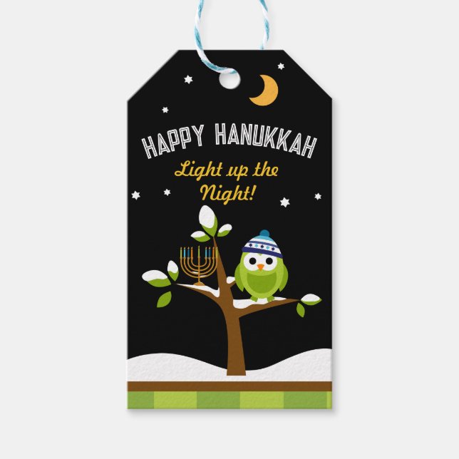 Happpy Hanukkah Uggla & Menorah Light upp på natte Presentetikett (Framsidan)