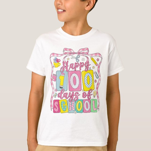 Happy 100 Days of School Pink Bow T Shirt (Framsida)