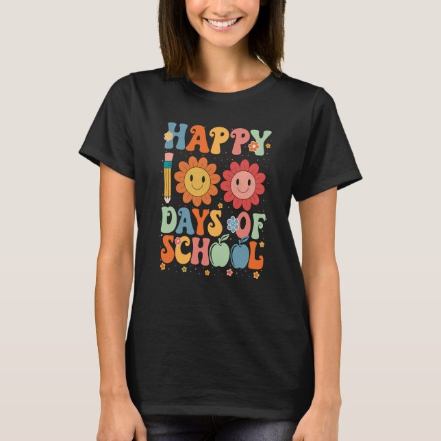 Happy 100 Days Of School Retro Groovy Teacher Stud T Shirt (Framsida)