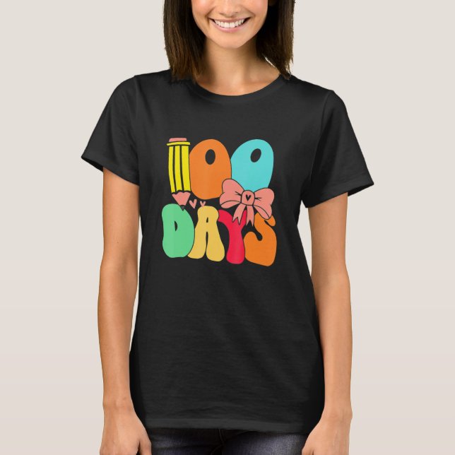 Happy 100 Days Of School Teacher Kids Retro Groovy T Shirt (Framsida)