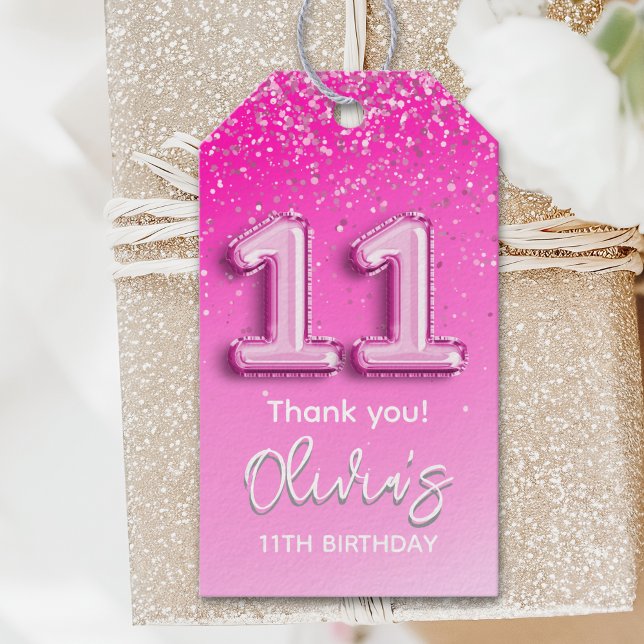Happy 11th Birthday Pink Balloon for Her Presentetikett (Skapare uppladdad)