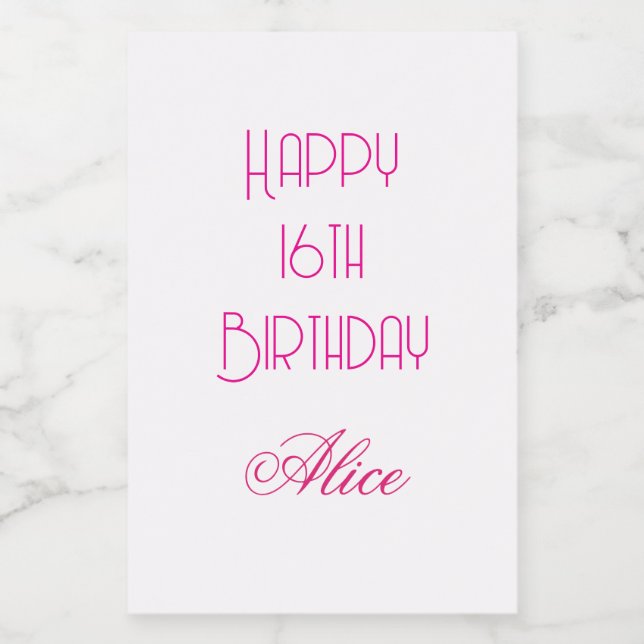 Happy 16th Birthday Pink White Custom Name Age Mat Etikett (Singel etikett)