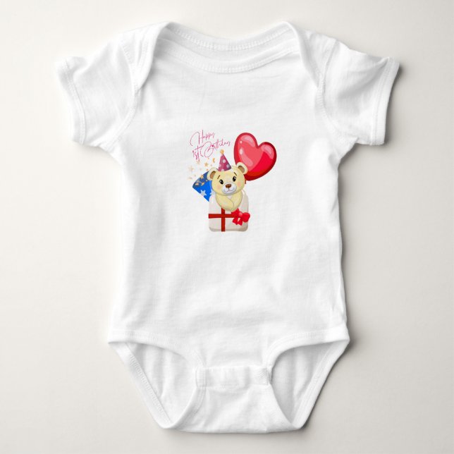 Happy 1st Birthday Bear  baby Bodysuit  T Shirt (Framsida)
