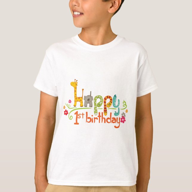 Happy 1st Birthday – Cute Animal Theme Celebration T Shirt (Framsida)