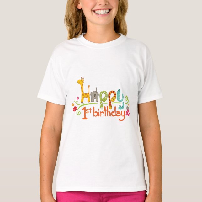 Happy 1st Birthday – Cute Animal Theme Celebration T Shirt (Framsida)