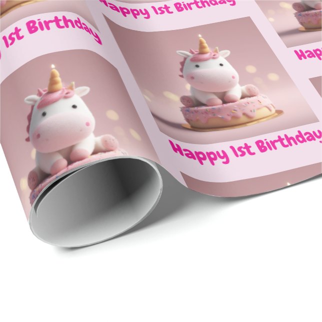 Happy 1st Birthday, Cute Baby Girl Unicorn Presentpapper (Rullad Hörn)