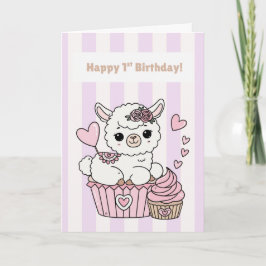 Happy 1st Birthday Cute Llama Girl Card | Adorable Kort