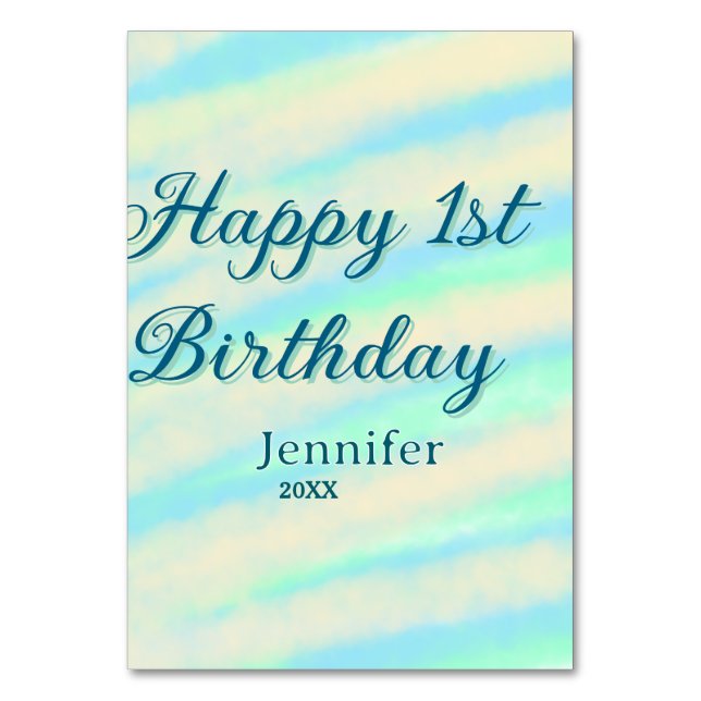 Happy 1st birthday kids baby blue green pastel ret bordsnummer (Framsidan)