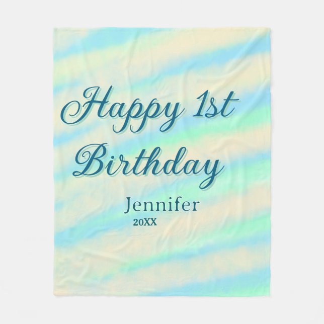 Happy 1st birthday kids baby blue green pastel ret fleecefilt (Framsidan)