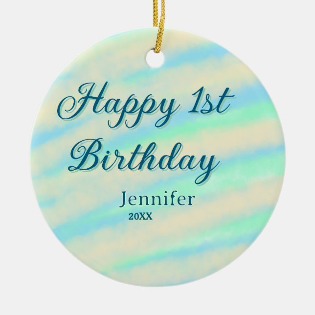 Happy 1st birthday kids baby blue green pastel ret julgransprydnad keramik (Framsidan)