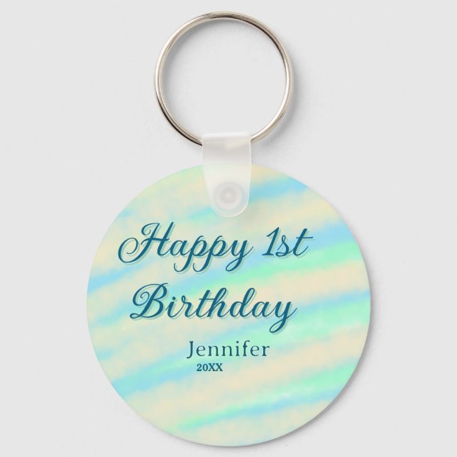 Happy 1st birthday kids baby blue green pastel ret nyckelring (Framsida)