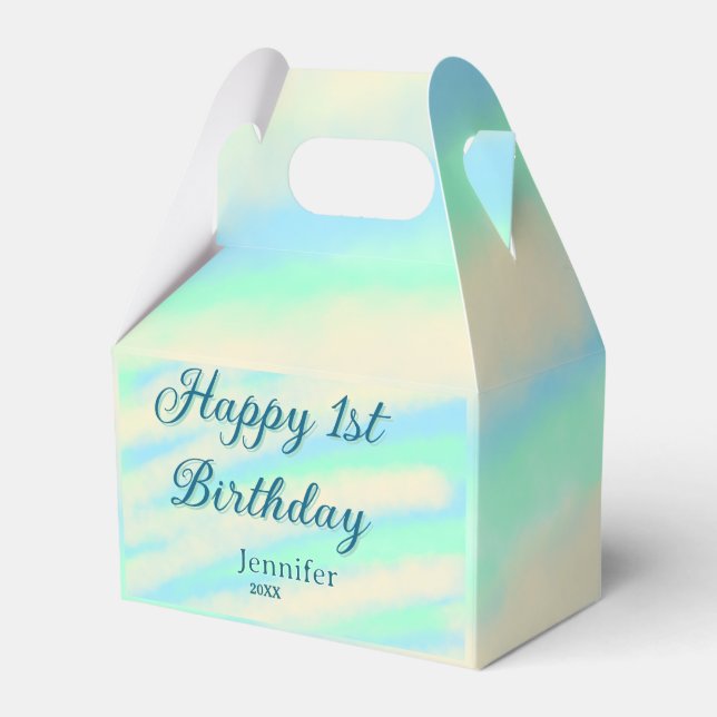 Happy 1st birthday kids baby blue green pastel ret presentaskar (Framsidan Sidan)