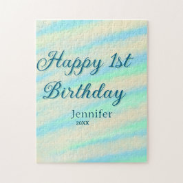 Happy 1st birthday kids baby blue green pastel ret pussel