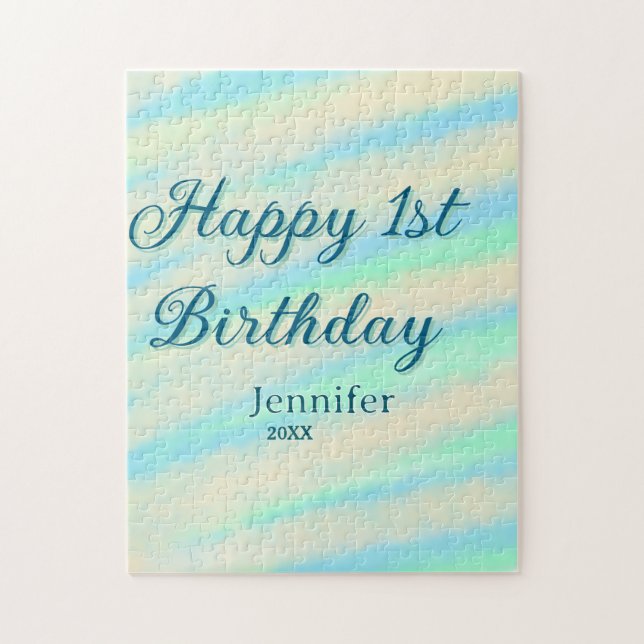 Happy 1st birthday kids baby blue green pastel ret pussel (Vertikal)