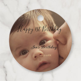 Happy 1st birthday name photo date stylish calligr gåvor etiketter