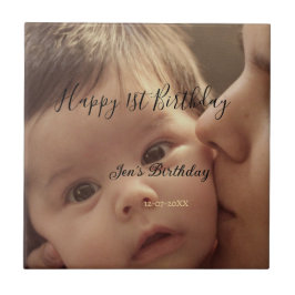 Happy 1st birthday name photo date stylish calligr kakelplatta
