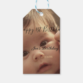 Happy 1st birthday name photo date stylish calligr presentetikett